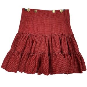 Vtg Sz 8 Betsey Johnson Y2K Houndstooth Tiered Skirt Ruffle Red Suspender RARE